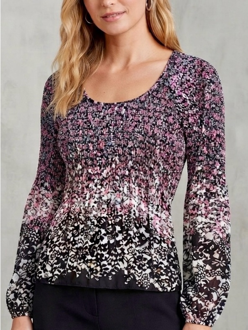 Bobeau Black Floral Smocked Long-Sleeve Top with Pink Accents